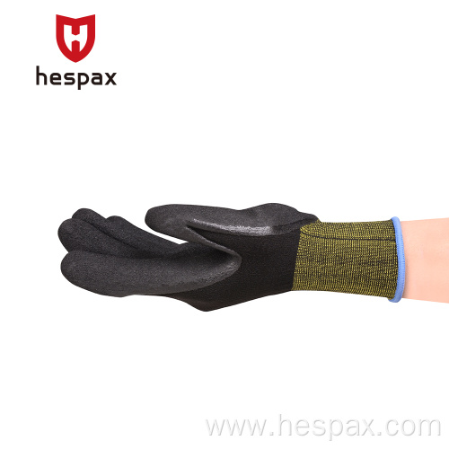Hespax EN388 Black Polyester Sandy Foam Nitrile Gloves